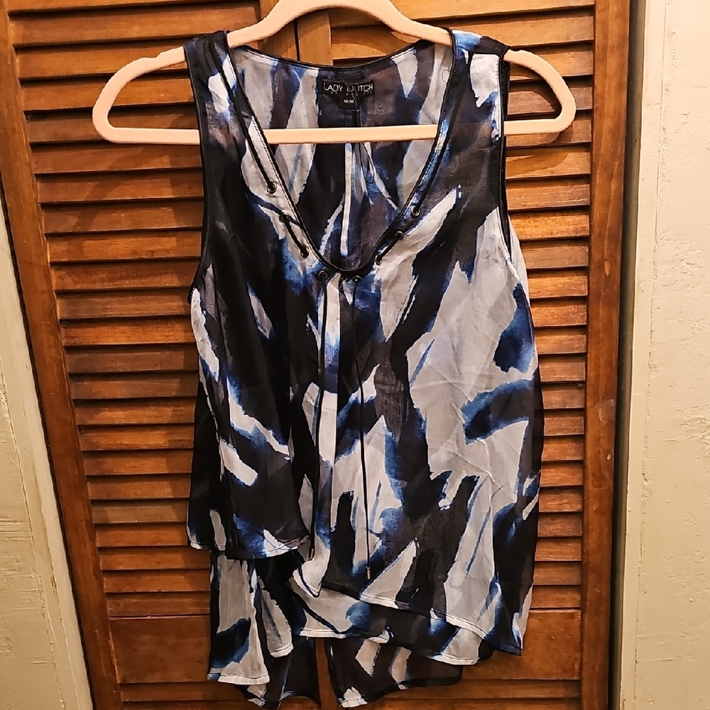 Blue and White Asymmetrical Sleeveless Blouse